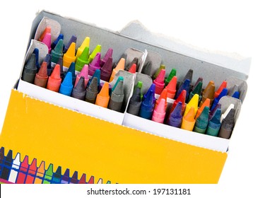 A box of crayons with the top ripped off.