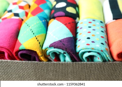 Box With Different Colorful Socks, Closeup