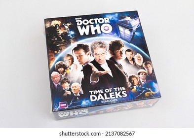A box with Doctor Who: Time of the Daleks board game. Isolated by a gray background. 11 09 2021. Dala-Järna Dalarna Sweden.