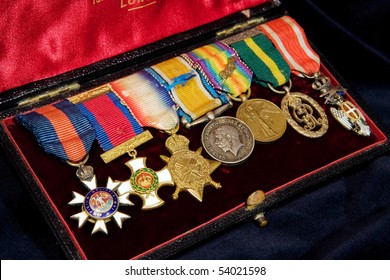 Box with English Vintage WWI medals on black