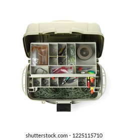 Box With Fishing Tackle On White Background, Top View