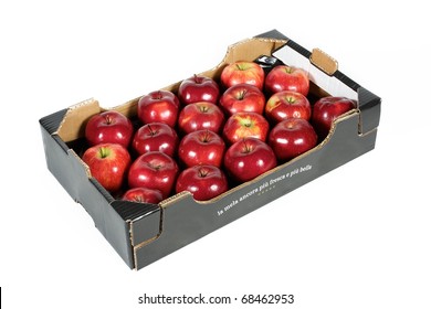 Box of fresh red apples isolated on white background