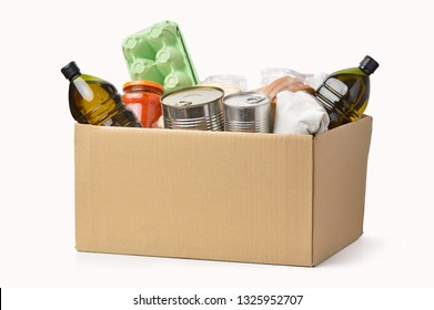 A Box Full Of Food In Concept Donation Box Isolated On White