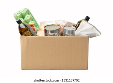 A Box Full Of Food In Concept Donation Box Isolated On White