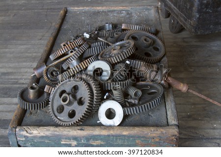 Box of gears in turn of the century silk throwing factory.