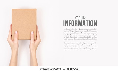 Box In Hand, Sample Text On White Background Isolation