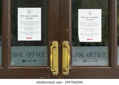 Box Office Closed Sign On The Wooden Doors Of A West End Theatre. London - 26th June 2021