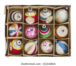 Box Of Old Christmas Tree Ornaments Isolated With Clipping Path.