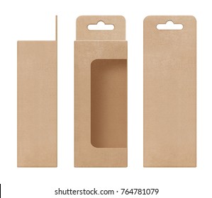 Box, Packaging, Box Brown For Hanging Cut Out Window Open Blank Template For Design Product Package