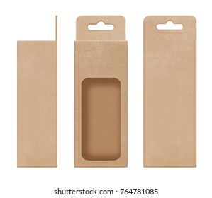 Box, Packaging, Box Brown For Hanging Cut Out Window Open Blank Template For Design Product Package