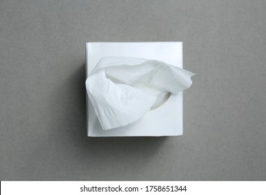 Box Of Paper Tissues On Grey Background, Top View