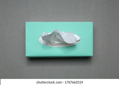 Box Of Paper Tissues On Grey Background, Top View