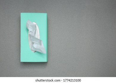 Box Of Paper Tissues On Grey Background, Top View. Space For Text