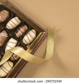 Box Of Premium Date-chocolates. View From Above.