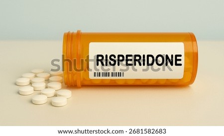 Box of RISPERIDONE tablets on a hospital pharmacy table used to treat schizophrenia and bipolar disorder an atypical antipsychotic.