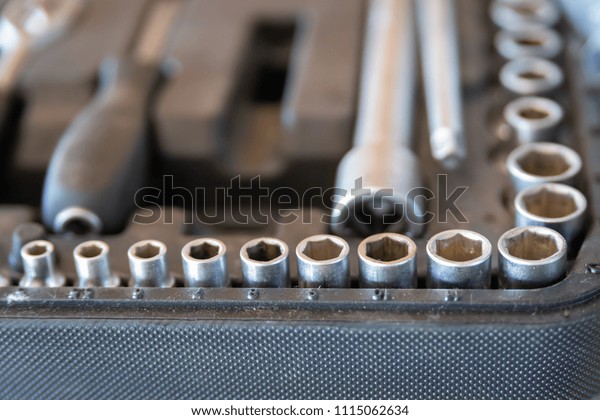 Box with set of\
tools for car repair,\
closeup