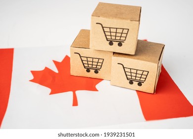 Box With Shopping Cart Logo And Canada Flag, Import Export Shopping Online Or ECommerce Finance Delivery Service Store Product Shipping, Trade, Supplier Concept.