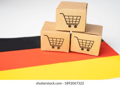 Box With Shopping Cart Logo And Germany Flag, Import Export Shopping Online Or ECommerce Finance Delivery Service Store Product Shipping, Trade, Supplier Concept.