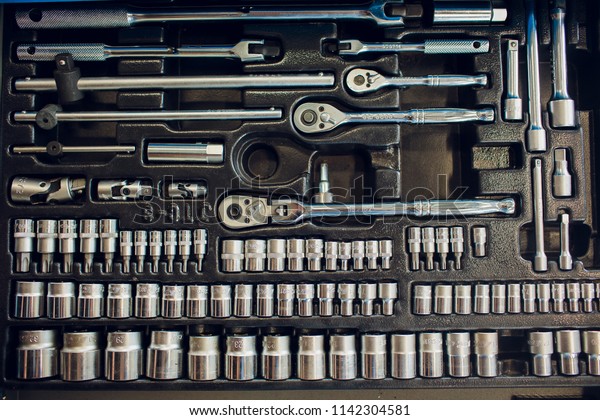 Box with special\
tools in car repair shop