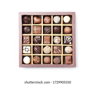 Box With Tasty Chocolate Candies Isolated On White, Top View