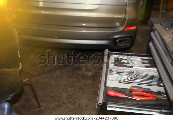 Box with tools in a car service, service with
professional tools