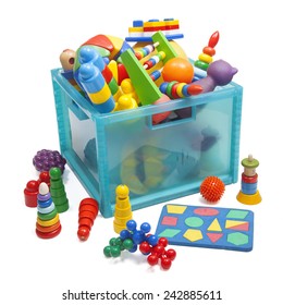 box with toys on the white