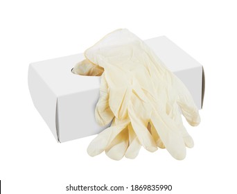 Box Of White Latex Protective Gloves, Isolated On White Background.