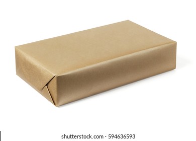 Box Wrapped With Brown Paper On White Background