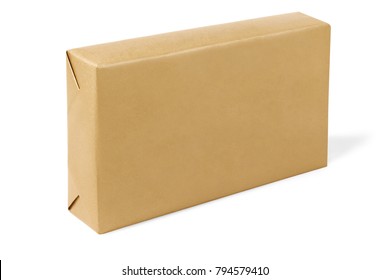 Box Wrapped With Brown Paper On White Background