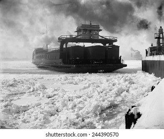 Boxcar Ferry Of The Michigan Central Railroad Entering An Iced Up Slip On The Detroit River. Ca. 1890.