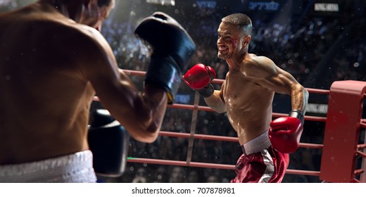 Boxer athlete in action. boxing ring. water drops and blood in face