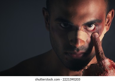 Boxer, Injured And Black Man Fighter Face With A Serious Sport Injury From A Boxing Fight Match. Portrait Of Facial Wound And Black Eye From A Sports Accident Of A Professional Athlete From Conflict