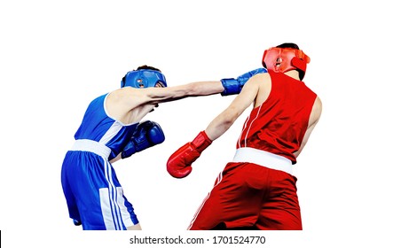 Boxer Lands Right Jab To Opponent In Boxing Match. Isolated On White Background