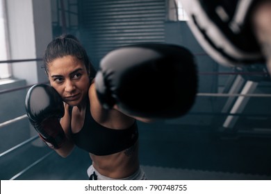 Boxer practicing her punches at a boxing studio. Close up of a female boxer punching inside a boxing ring.
