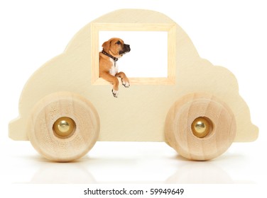 Boxer Puppy Dog Driving Toy Wooden Car Head Out Window.