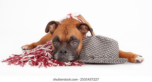 Boxer resting head on black and white houndstooth hat; bear bryant; football coach; maroon and white pom poms; roll tide  - Powered by Shutterstock