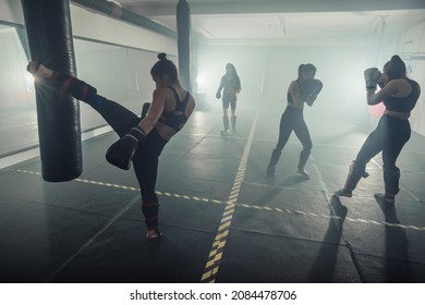 Boxer Woman. Boxing Fitness Woman Smiling Happy Wearing Black Boxing Gloves. Portrait Of Sporty Fit Asian Model Of Boxing Gym, Female Only