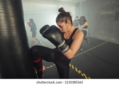 Boxer Woman. Boxing Fitness Woman Smiling Happy Wearing Black Boxing Gloves. Portrait Of Sporty Fit Asian Model Of Boxing Gym