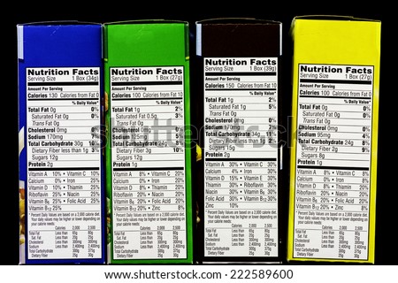 Boxes of cereal and health information labels
