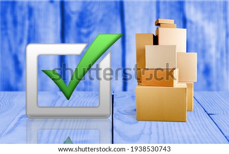 Boxes and check mark. Verification and standardization of goods and imported products.