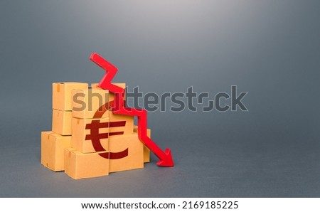 Boxes with euro symbol and down arrow. Decrease in stocks of products. Worsening trade. Embargo, sanctions. Low consumption. Economic slowdown. Price reduction. The fall in the production of goods.