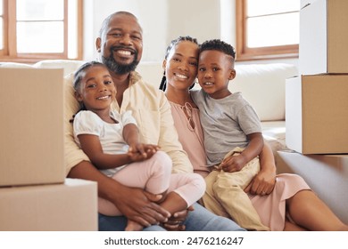 Boxes, family portrait and kids on weekend for love, care and support for new home. Happy, African man and woman with children on floor for trust and together in lounge and pride for apartment - Powered by Shutterstock