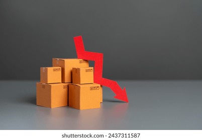 Boxes with goods and down arrow. Falling prices. Reduction in supplies and production rates. Deterioration in the attractiveness of goods, low demand. Economic GDP slowdown. Tax reduction.