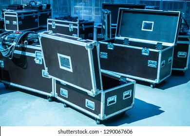 boxes on wheels. Boxes for transportation of equipment. Show Business. Equipment cases. Stage equipment. Storage. Transportation equipment.
