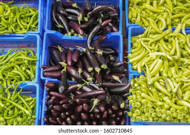 Boxes with peppers and eggplants in a shop in Istanbul, Turkey