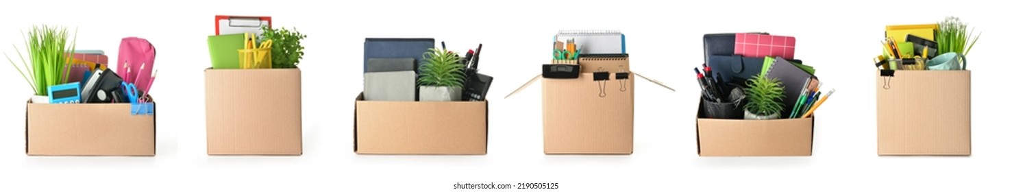 Boxes with personal things of dismissed workers on white background - Shutterstock ID 2190505125