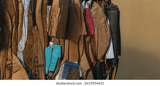 boxes ready to be picked up for processing in front of an outside building wall. environment recycling industry waste management design element abstract background. space for copy
