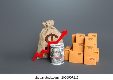 Boxes with a red arrow up and money. Increase in trade volumes, growth of purchasing power. Trade surplus, economic improvement. Fees and Tariffs, customs. High sales. Import and export. Added value