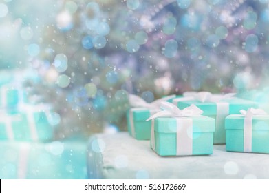 Boxes Tiffany Colour On The Background Christmas Tree. Christmas Background