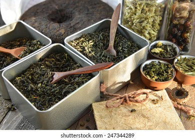 Boxes With Various Sorts Of Chinese Dried Tea, Chinese Tea Shop, Concept Image 